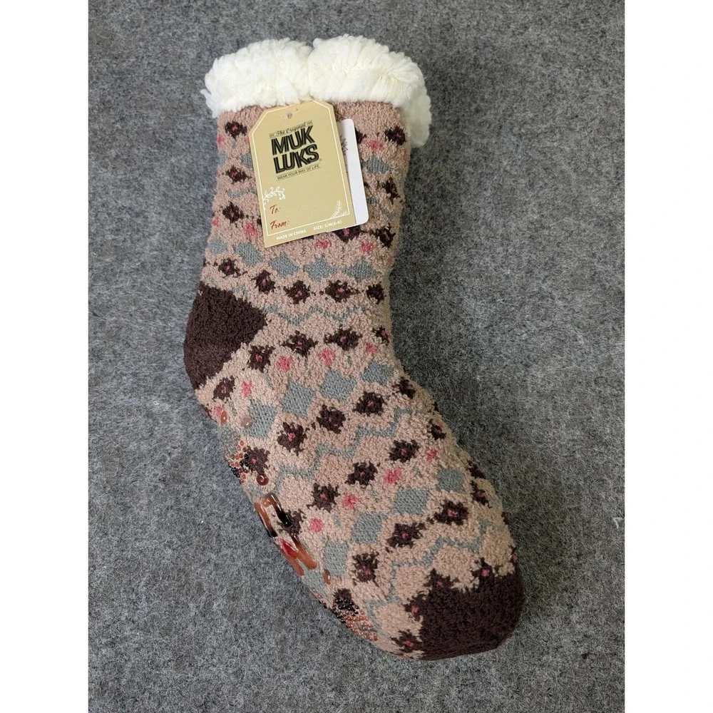 Muk Luks Aloe Infused Slipper Socks Faux Fur Lined Non Skid Tan Pink S/M 6-8